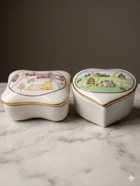 Ucagco Japan Porcelain Trinket Box Set Heart Rainbow Winter Village Scene Vtg